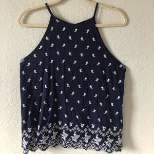 Blue Embroidered Flower Tank
